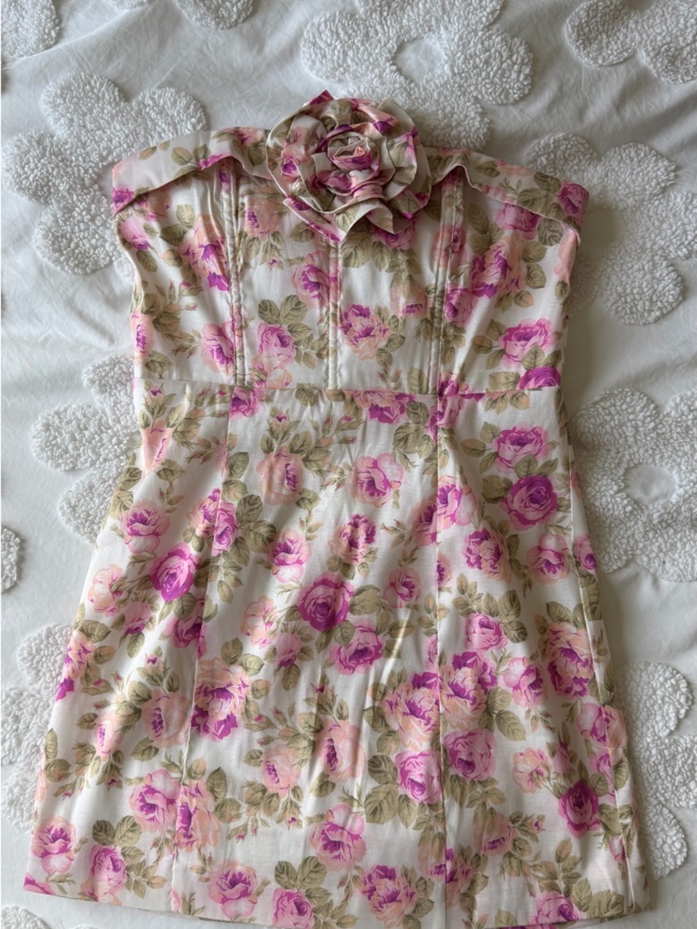 For Love & Lemons Pink Floral Strapless Dress with Rosette Detail
